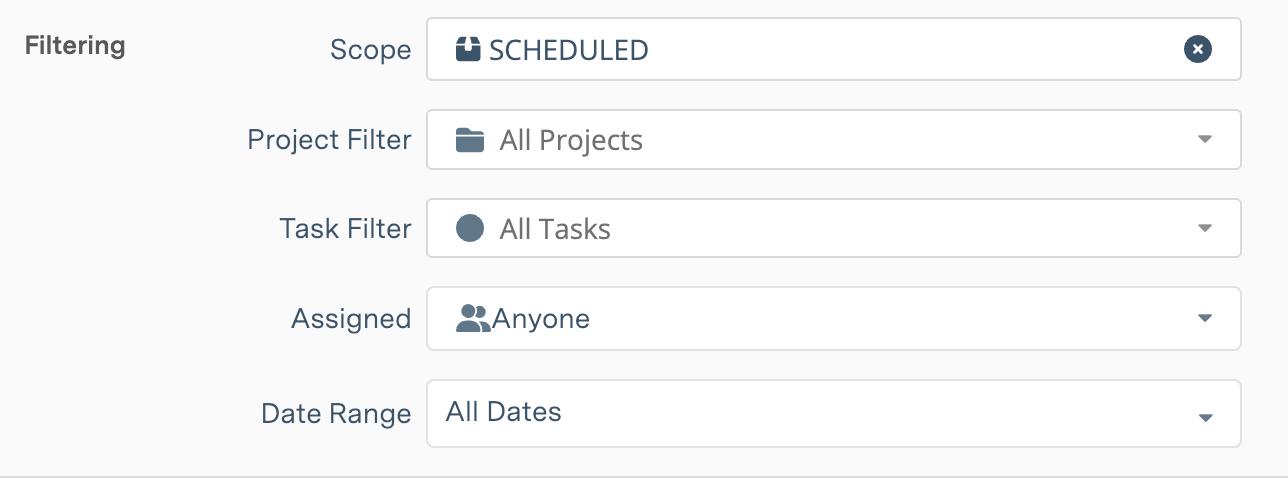 Filtering section of the Settings and Filter screen