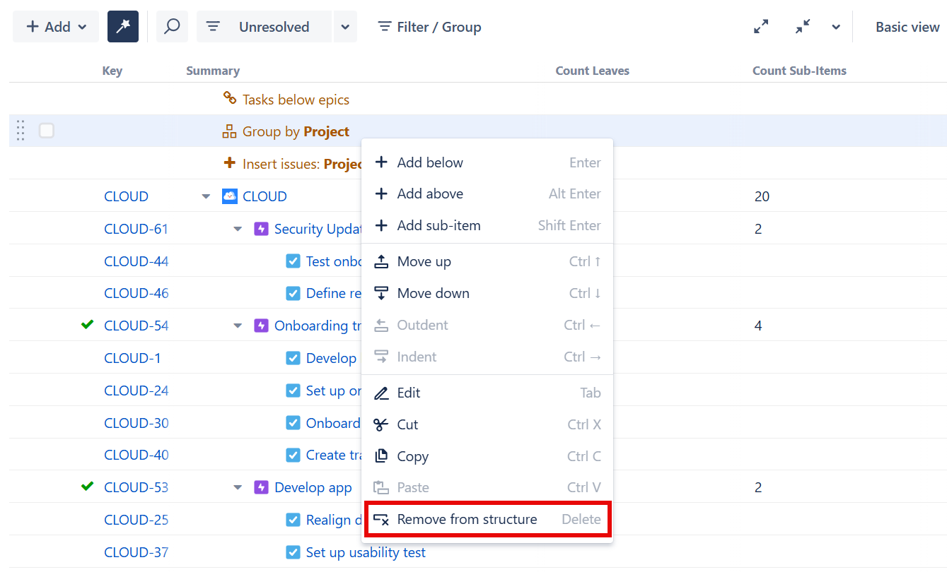 Removing a generator using the Action menu