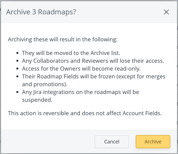 Archiving confirmation screen