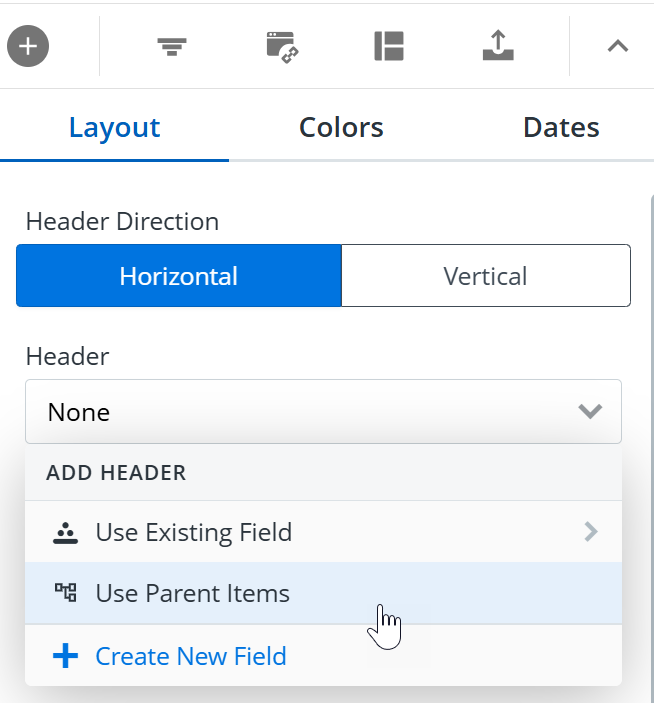 Selecting Use Parent Items as Headers in the Format menu in Timeline view