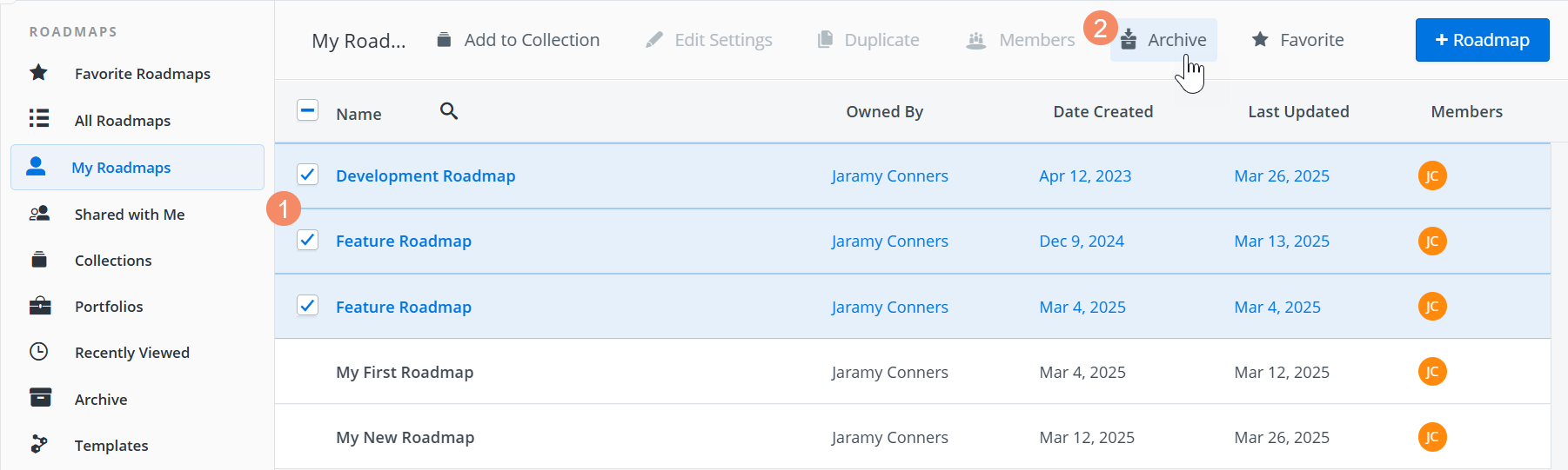 Archiving roadmaps in the My Roadmaps list