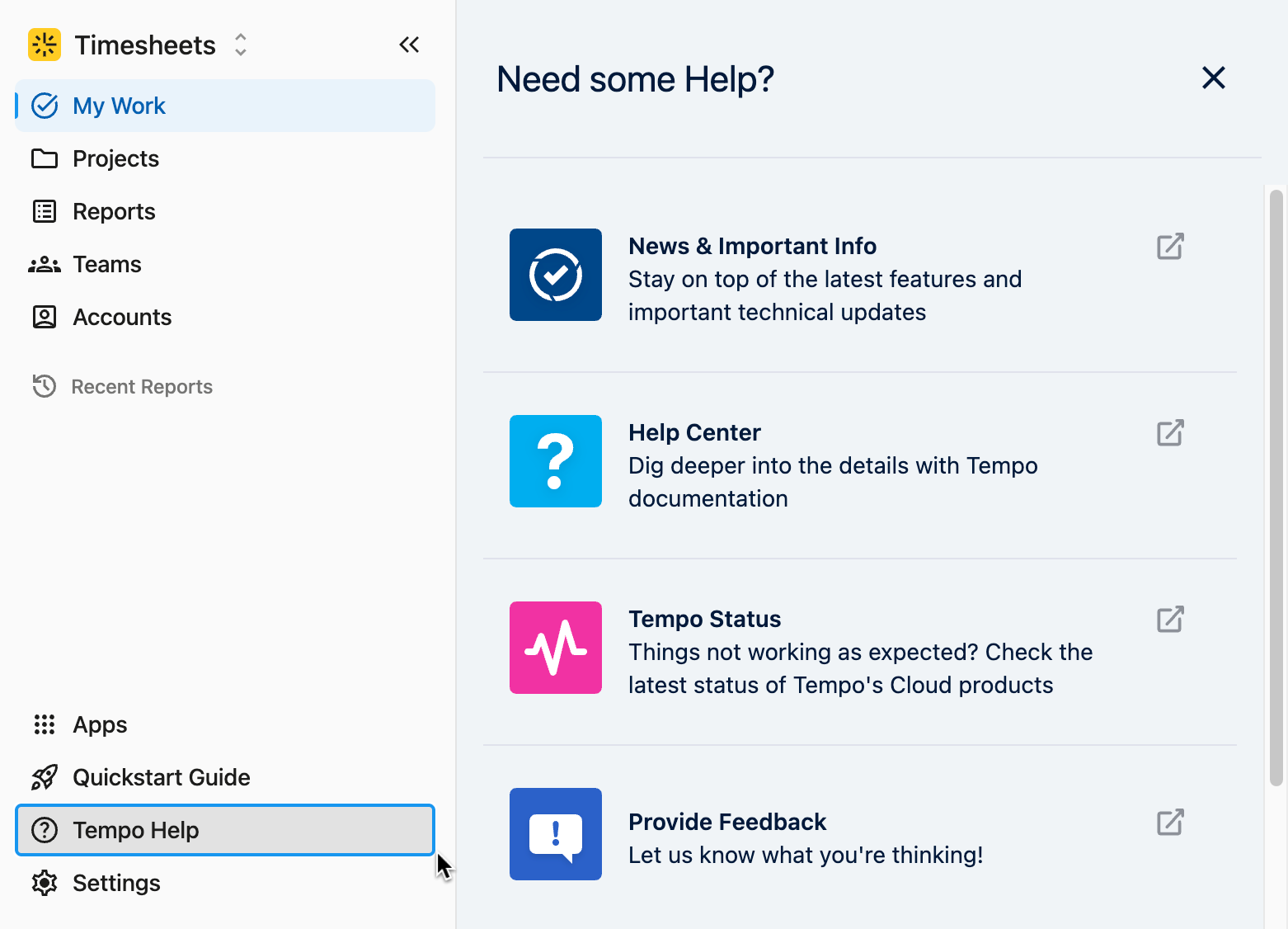 Tempo help at the bottom of the navbar