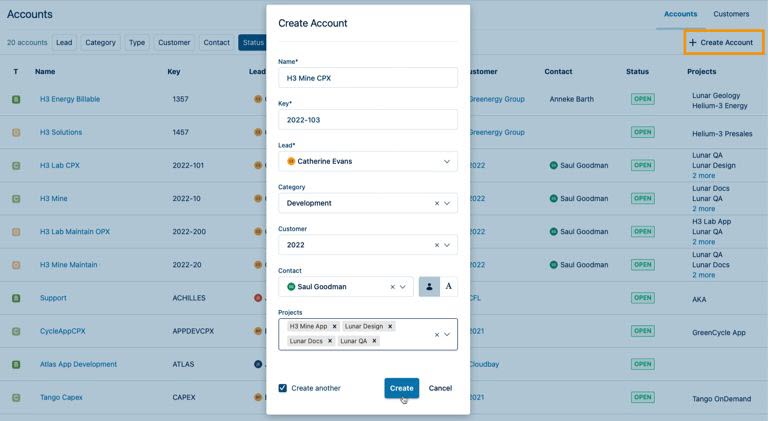 Create account dialog