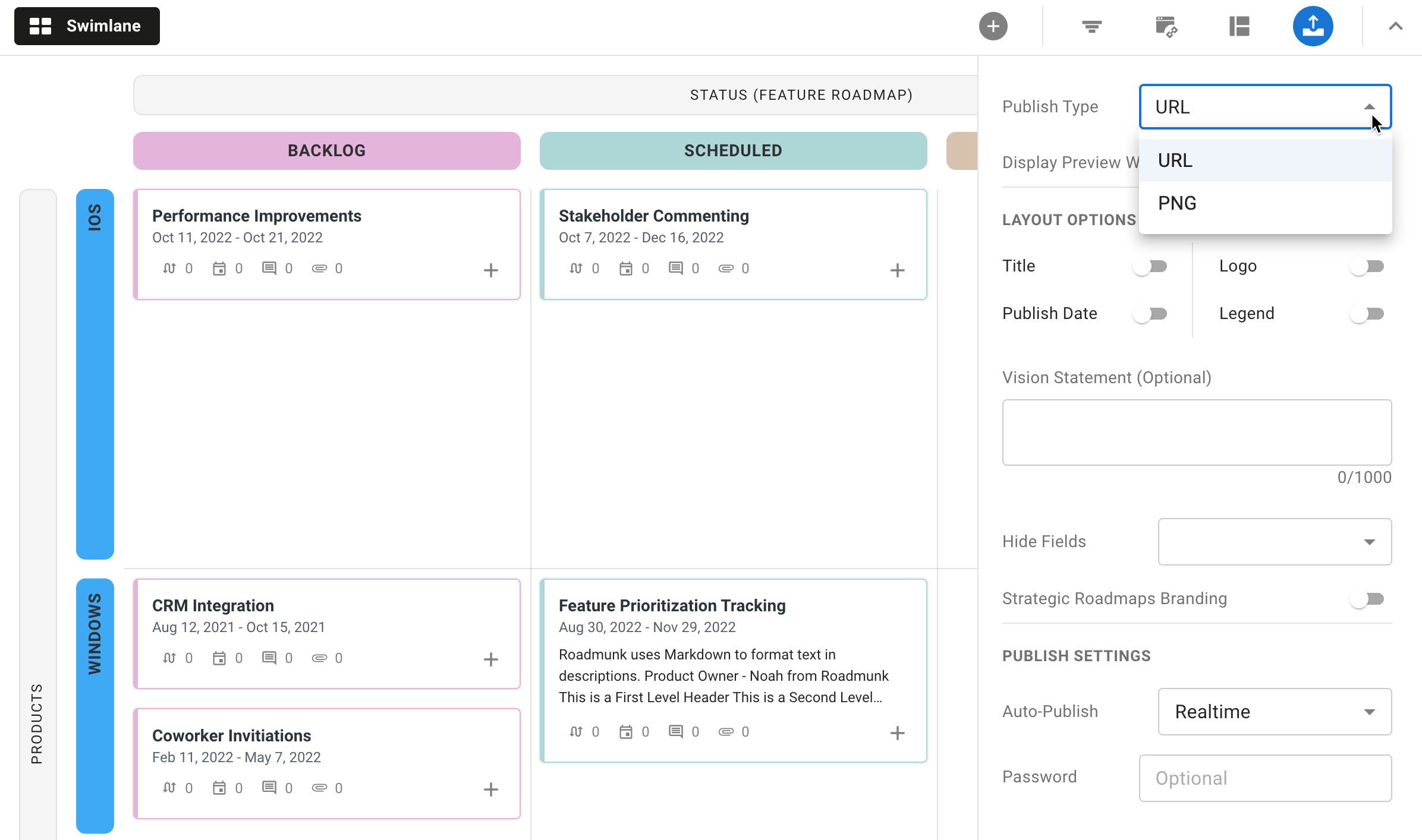 Publishing options within a swimlane view