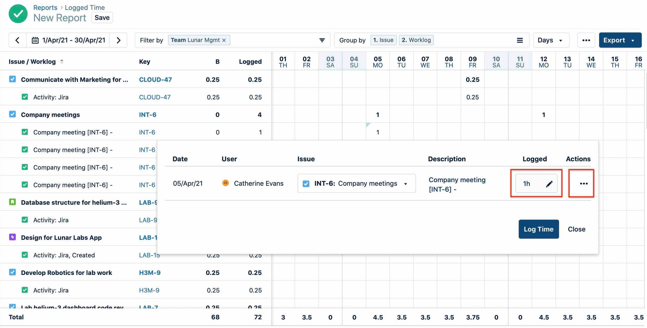 Editing worklog data from a report using a time-specific view