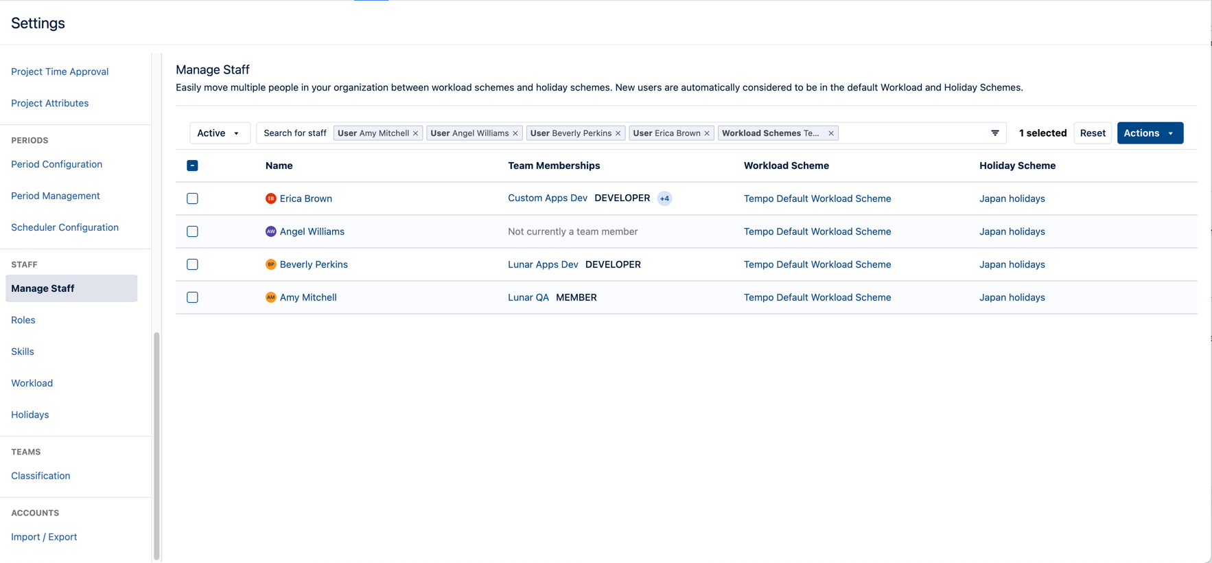 Filtered staff table