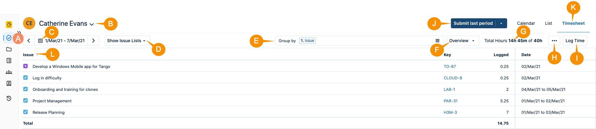Timesheet screen with labels