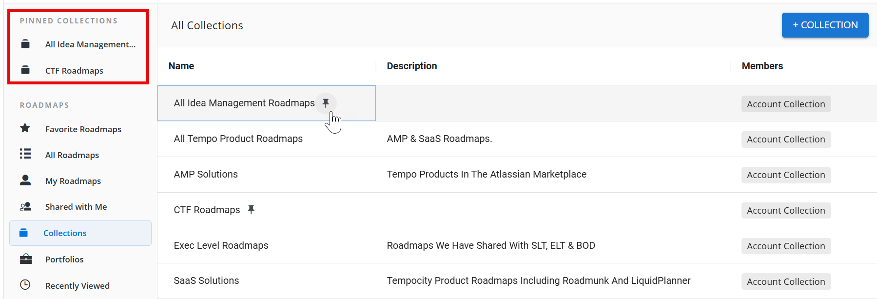 Pinned collections list