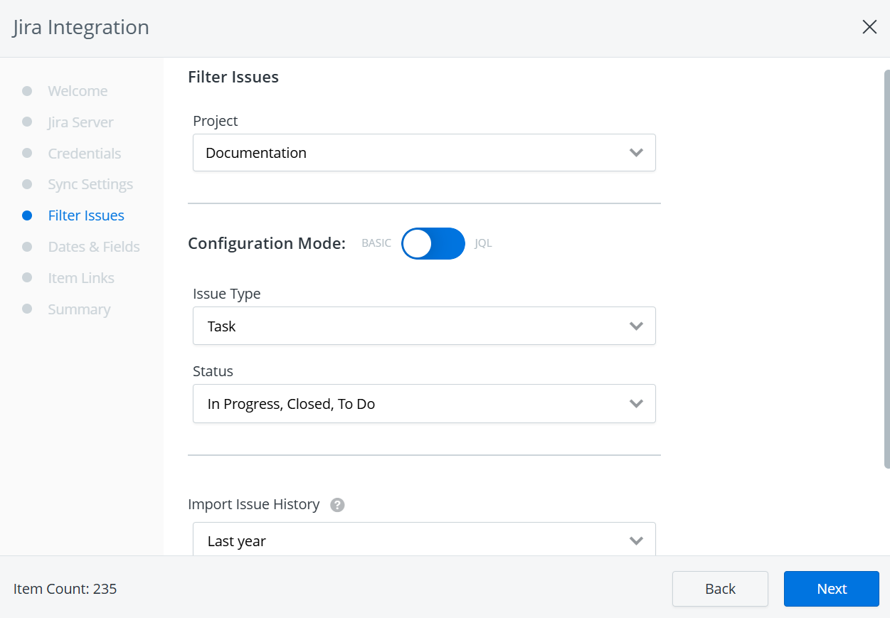 Filter issues screen in the Jira Integration setup