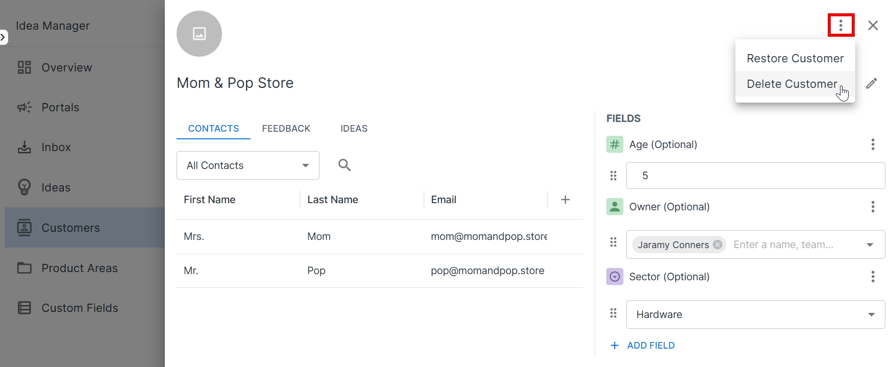 Selecting the Delete Customer option on a customer card