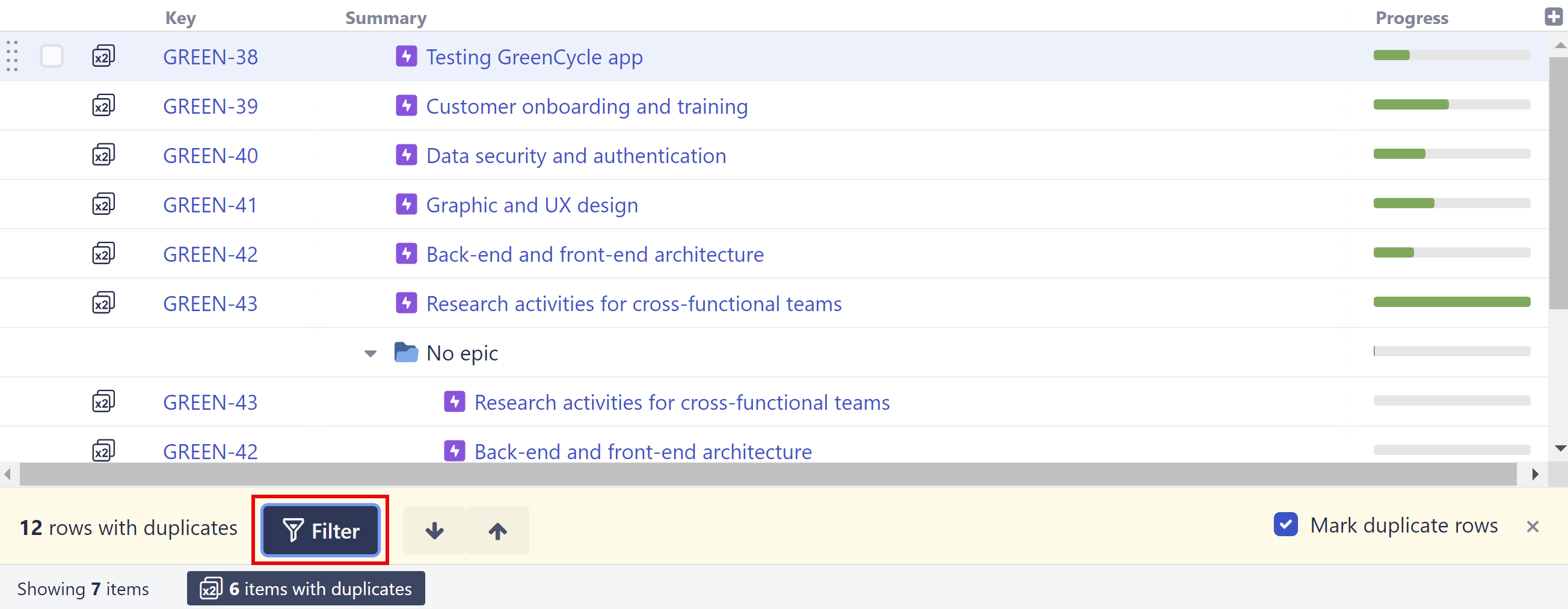 Filtering for duplicate items
