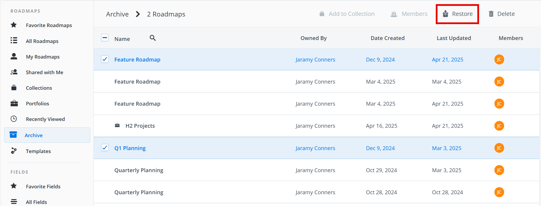 Restore roadmaps from the Archive list