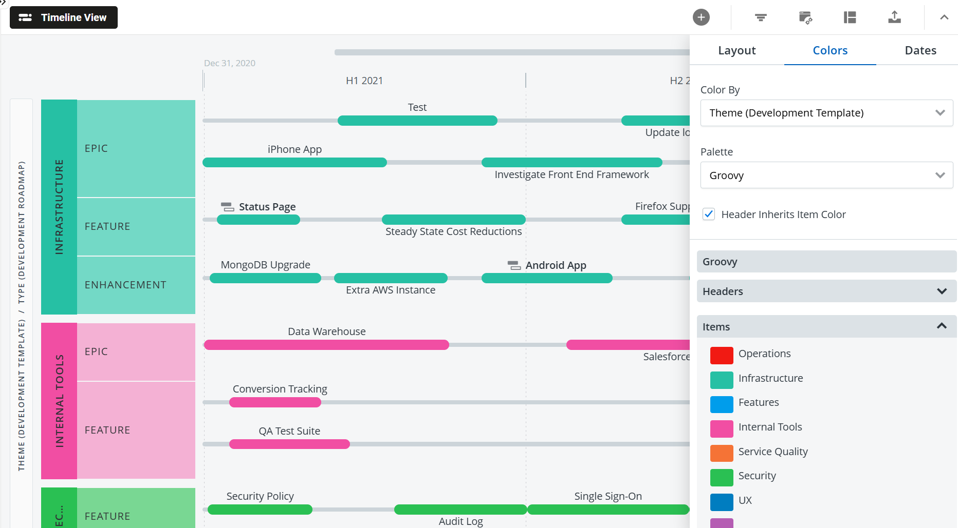 Groovy theme selected in the Formatting menu