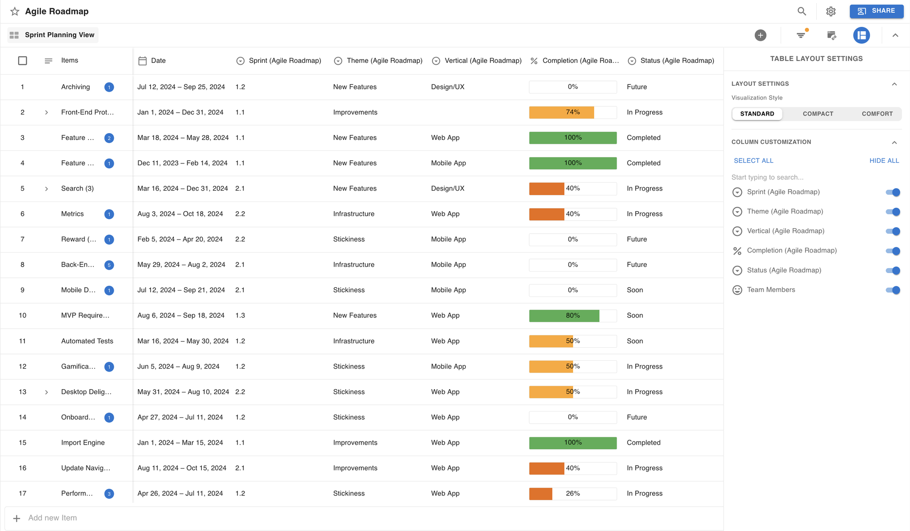Format panel in a Tables view