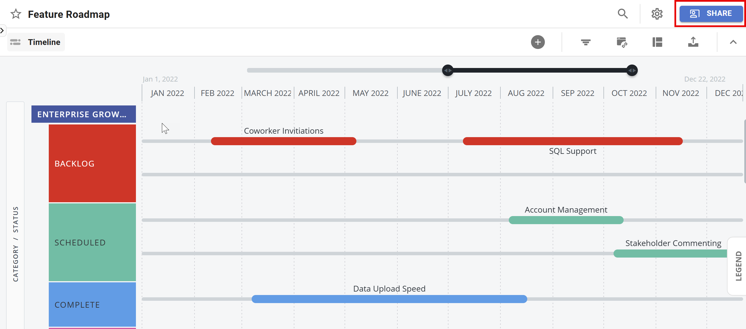 Share button in an open roadmap