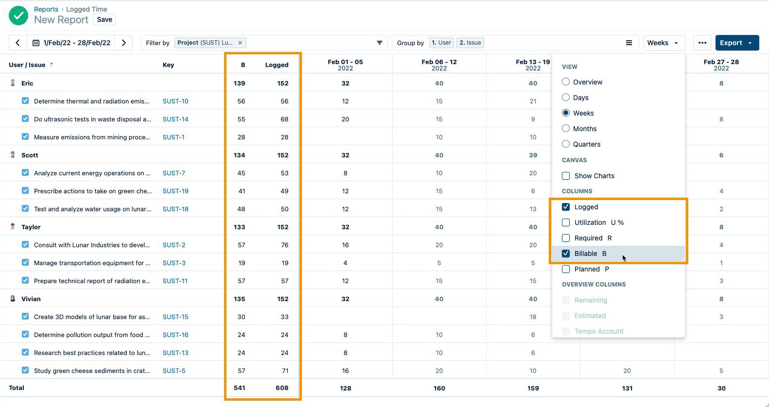 Billable and logged time columns on a report