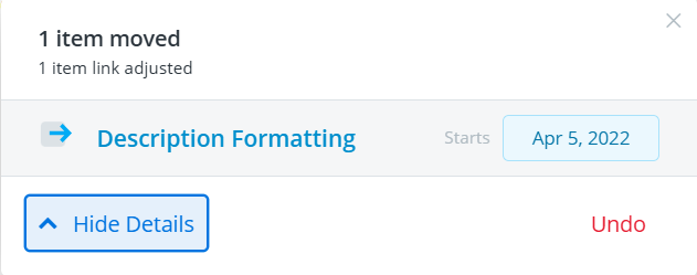 Undo option displayed after moving an item