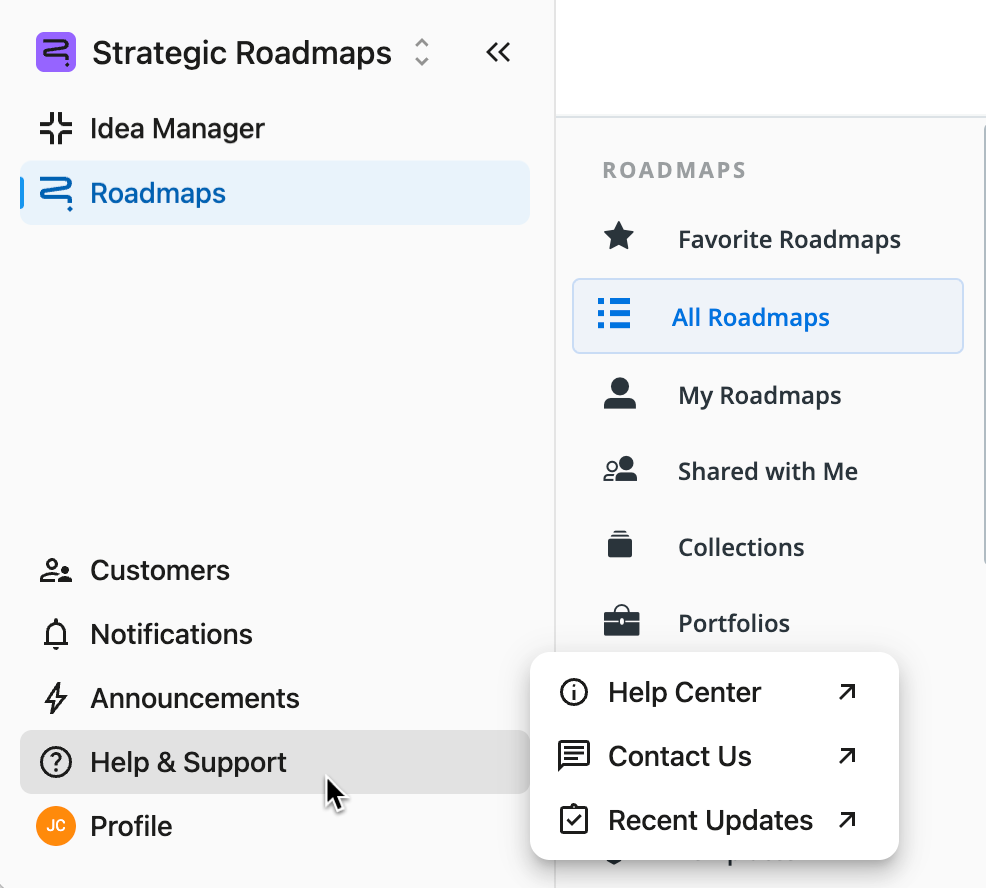 Help and support section at the buttom of the navbar