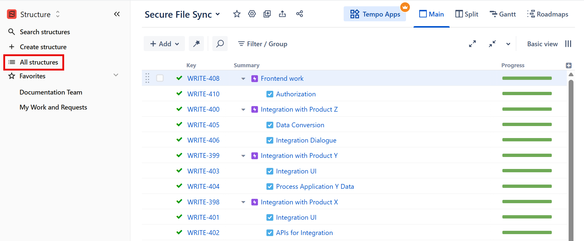 All structures option in the left navbar