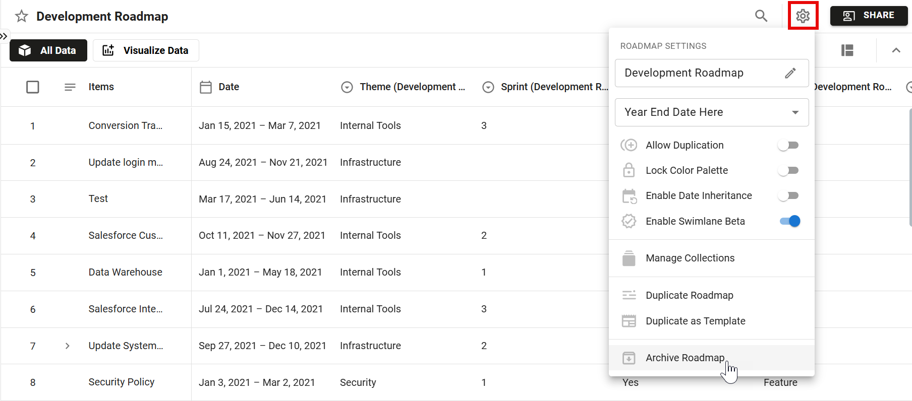 Archiving a roadmap from within the roadmap