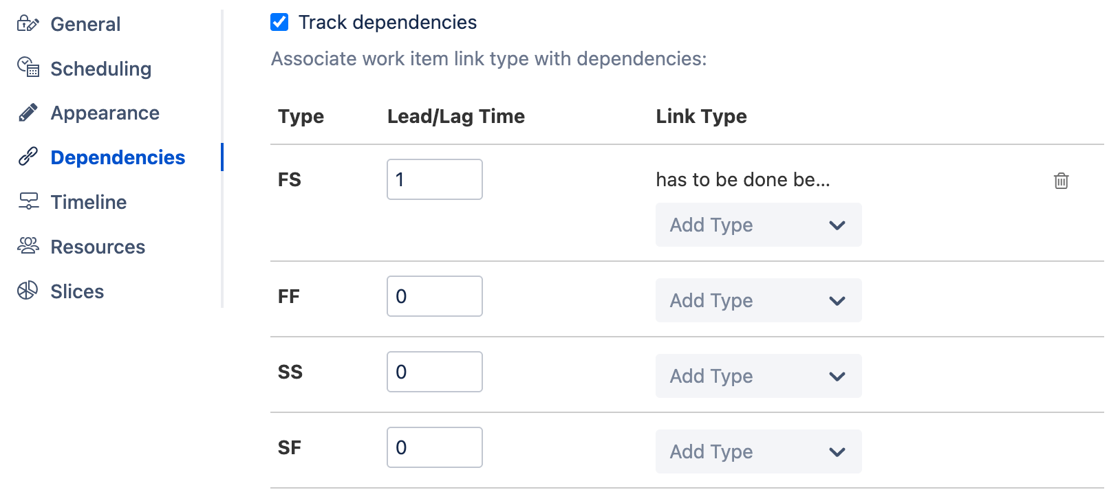 Dependency configuration screen