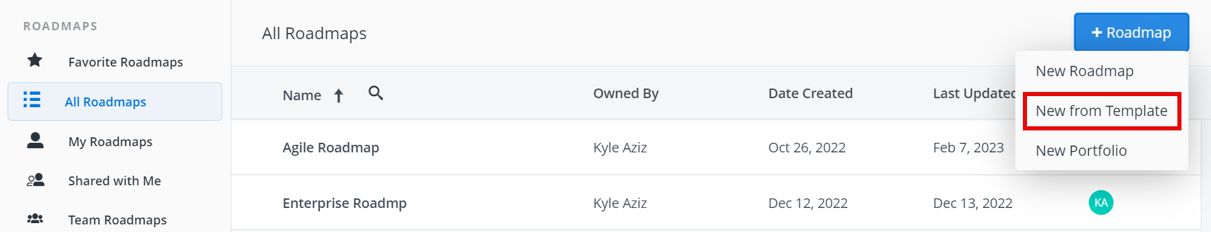New from template option in the add roadmap menu