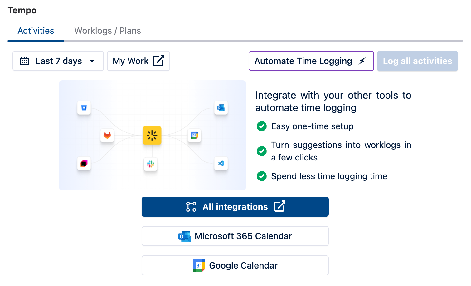 Set up integrations screen in the Tempo Panel