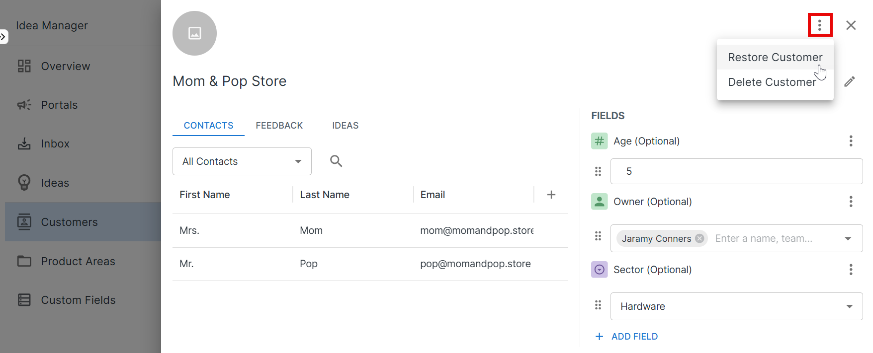 Selecting the Restore Customer option on a customer card
