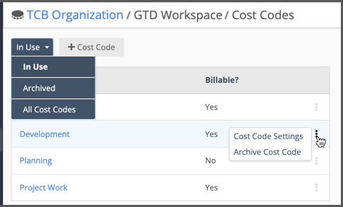 Cost Code settings table