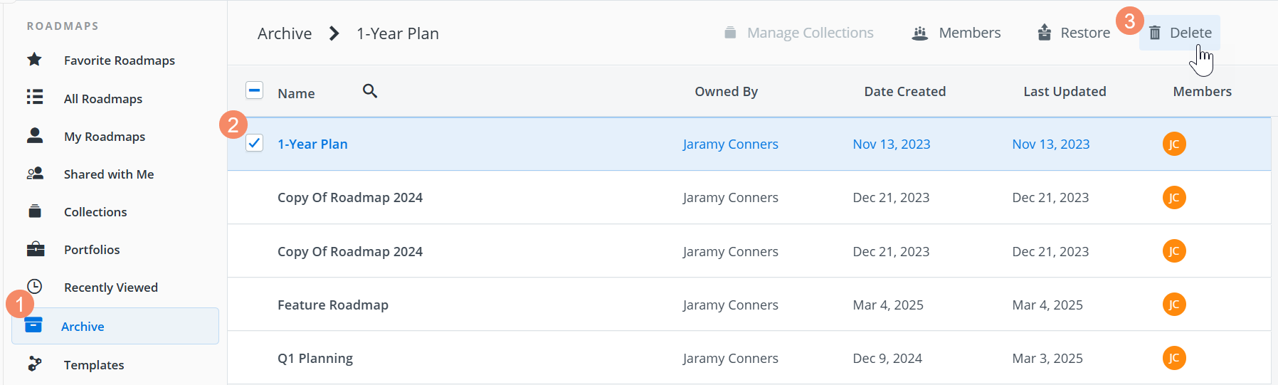 Deleting an archived roadmap