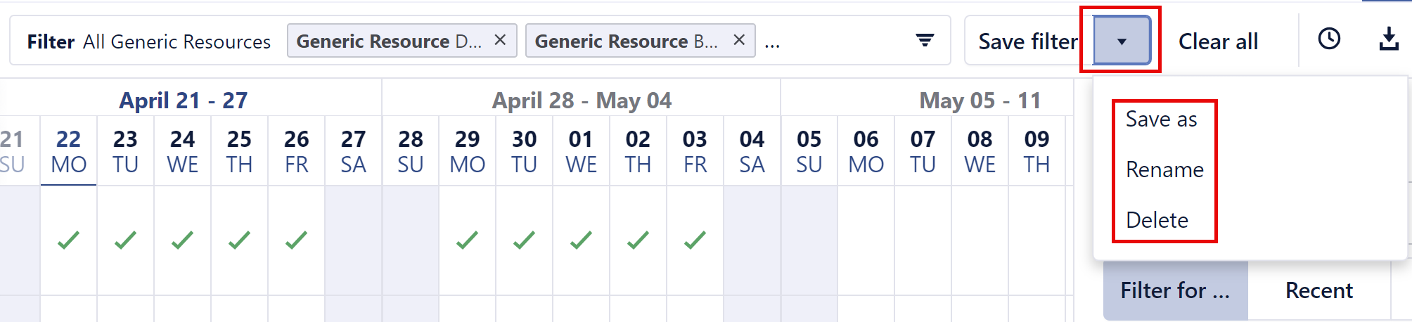 Save as, Rename, and Delete saved filters