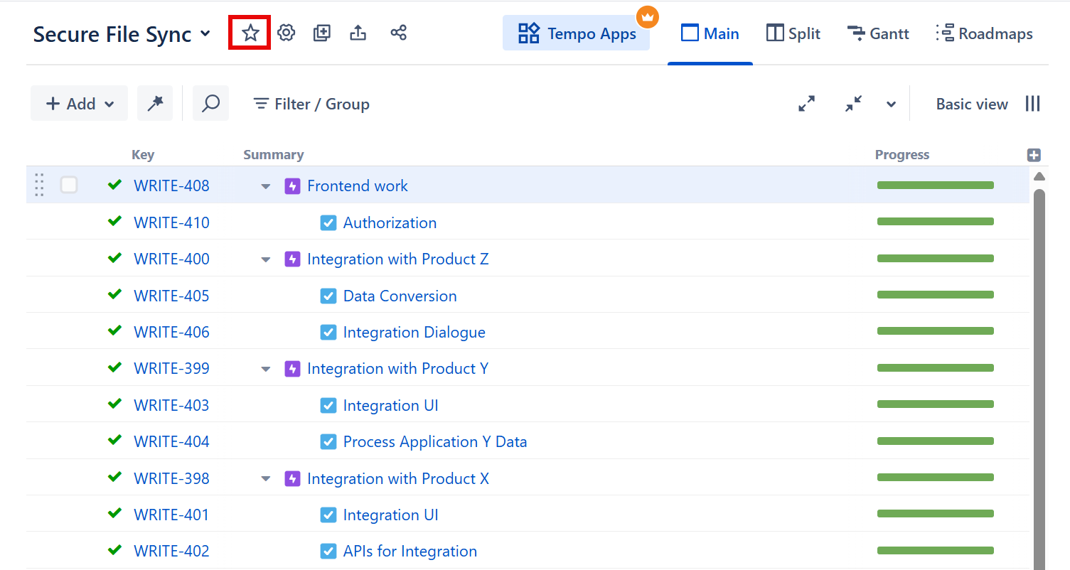 Favorite button in an open structure