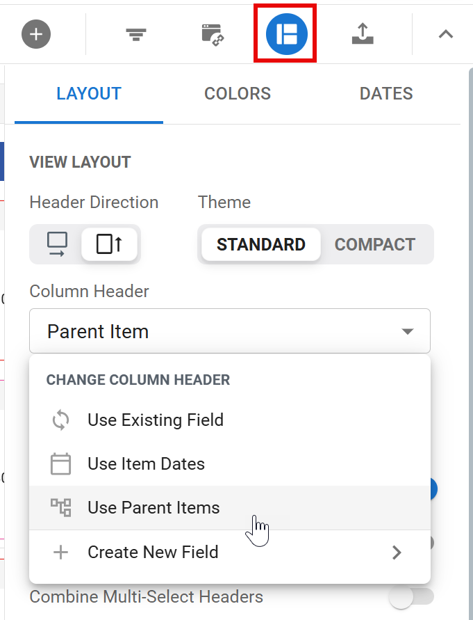 Selecting Use Parent Items as Headers in the Format menu