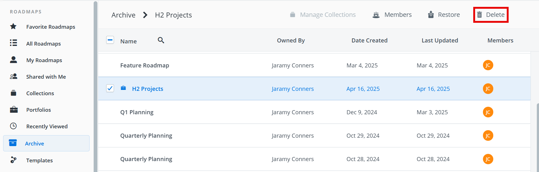 Delete option for an archived roadmap